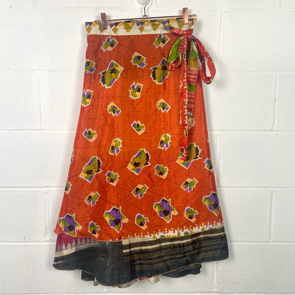 100% Silk Sari Wrap Skirt Indian Layered Multicolor Artsy Eclectic Maximalist 0S